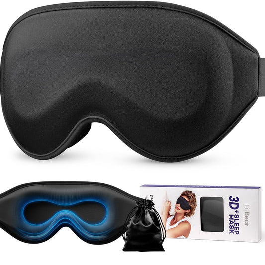 LitBear 3D Konturierte Schlafmaske mit langen Wimpern für seitliche Schläfer – Weiche, bequeme Augenmaske mit verstellbarem Riemen, inklusive Aufbewahrungstasche, Schwarz
