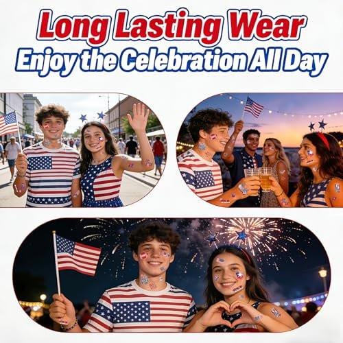 12 Blätter 4. Juli Temporäre Tattoos, Patriotische Amerikanische Flagge Rot Weiß Blau Körperaufkleber, Unabhängigkeitstag Partydekorationen und USA Feiertagsaccessoires