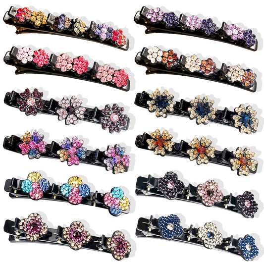 12-teiliges Set funkelnde Kristallstein-Zopf-Haarklammern für Frauen und Mädchen – Glitzernde Rhinestone-Haarklammern, Entenklammern für geflochtenes Haar