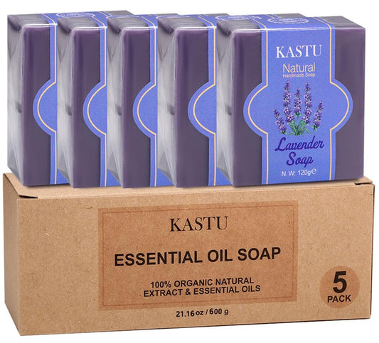 kastu Lavendel Seife Bar für Gesicht & Körper, Feuchtigkeitsspendend, Weichere Haut, Natürlich Handgefertigt, Hypoallergener Schönheitsbar für Empfindliche Haut mit Sanftem Reiniger, Männer und Frauen, 5 Stück x 120g