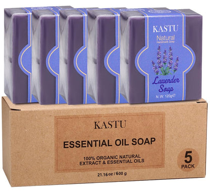 kastu Lavendel Seife Bar für Gesicht & Körper, Feuchtigkeitsspendend, Weichere Haut, Natürlich Handgefertigt, Hypoallergener Schönheitsbar für Empfindliche Haut mit Sanftem Reiniger, Männer und Frauen, 5 Stück x 120g