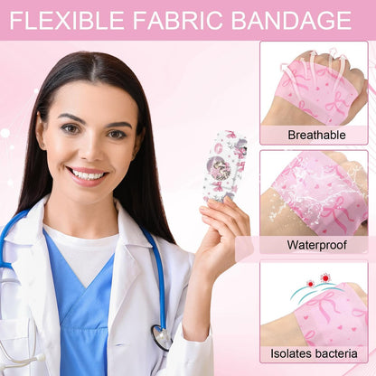 Geiserailie 50 Stück Große Pflaster 2'' x 4'' Flexible Stoff-Wundpflaster Gepolstert Wasserfest Latexfrei für Erste Hilfe und Schutz (Pink Bow)