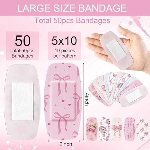 Geiserailie 50 Stück Große Pflaster 2'' x 4'' Flexible Stoff-Wundpflaster Gepolstert Wasserfest Latexfrei für Erste Hilfe und Schutz (Pink Bow)