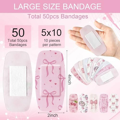 Geiserailie 50 Stück Große Pflaster 2'' x 4'' Flexible Stoff-Wundpflaster Gepolstert Wasserfest Latexfrei für Erste Hilfe und Schutz (Pink Bow)