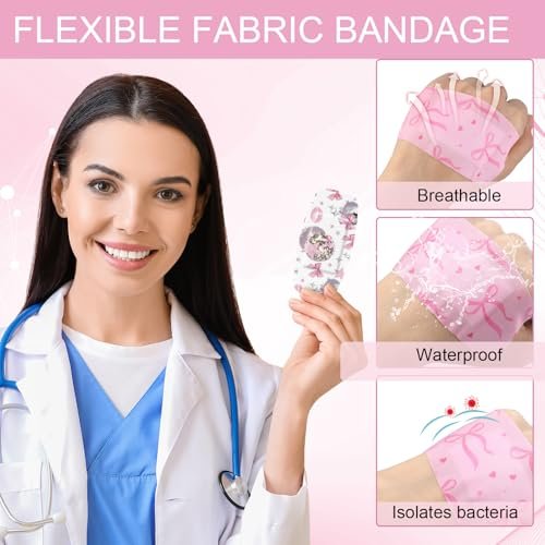 Geiserailie 50 Stück Große Pflaster 2'' x 4'' Flexible Stoff-Wundpflaster Gepolstert Wasserfest Latexfrei für Erste Hilfe und Schutz (Pink Bow)
