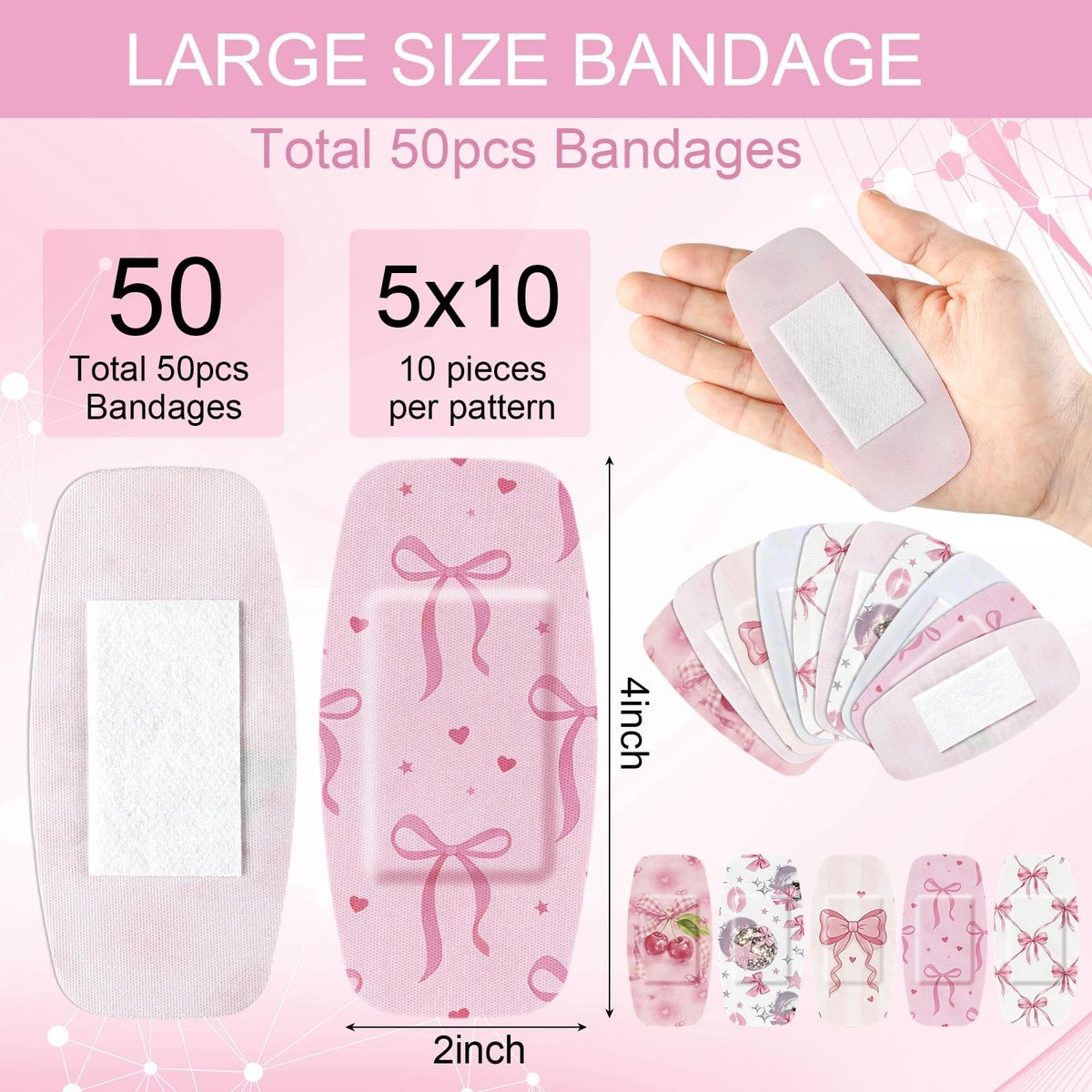 Geiserailie 50 Stück Große Pflaster 2'' x 4'' Flexible Stoff-Wundpflaster Gepolstert Wasserfest Latexfrei für Erste Hilfe und Schutz (Pink Bow)