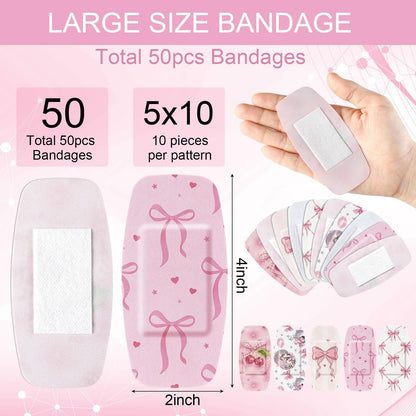 Geiserailie 50 Stück Große Pflaster 2'' x 4'' Flexible Stoff-Wundpflaster Gepolstert Wasserfest Latexfrei für Erste Hilfe und Schutz (Pink Bow)