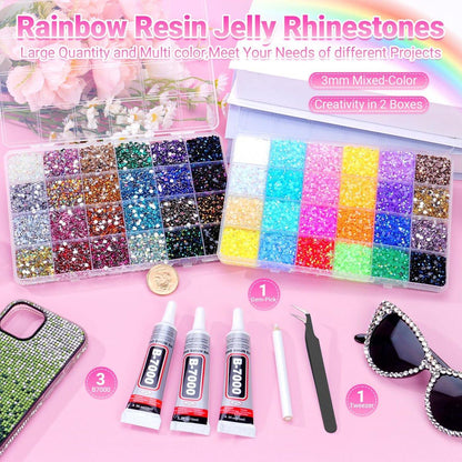 Atifober 51000 Stücke 48 Farben Strass-Set mit Werkzeugen, 3mm funkelnde Strasssteine für Bastelarbeiten, flache Rückseite Kristallharz-Gelee-Strasssteine mit 3x B7000 Kleber für Buch Kleidung Schuhe Dekoration