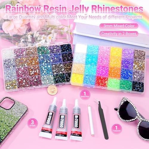 Atifober 51000 Stücke 48 Farben Strass-Set mit Werkzeugen, 3mm funkelnde Strasssteine für Bastelarbeiten, flache Rückseite Kristallharz-Gelee-Strasssteine mit 3x B7000 Kleber für Buch Kleidung Schuhe Dekoration
