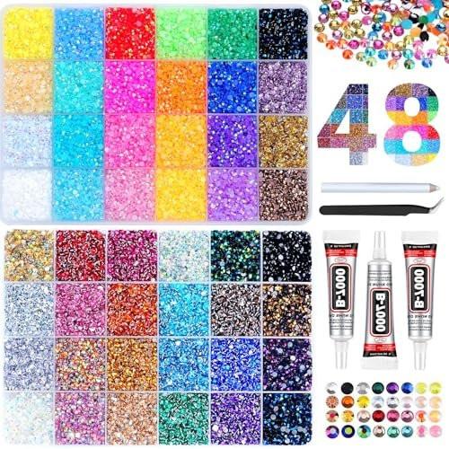 Atifober 51000 Stücke 48 Farben Strass-Set mit Werkzeugen, 3mm funkelnde Strasssteine für Bastelarbeiten, flache Rückseite Kristallharz-Gelee-Strasssteine mit 3x B7000 Kleber für Buch Kleidung Schuhe Dekoration