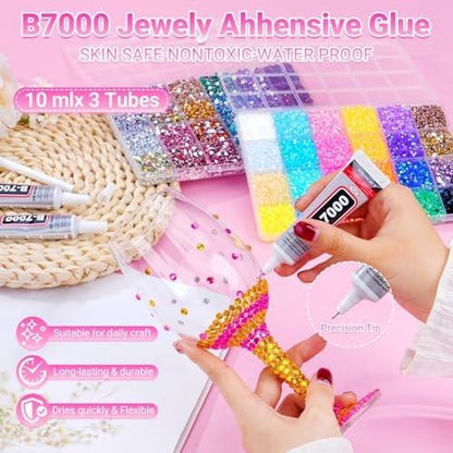 Atifober 51000 Stücke 48 Farben Strass-Set mit Werkzeugen, 3mm funkelnde Strasssteine für Bastelarbeiten, flache Rückseite Kristallharz-Gelee-Strasssteine mit 3x B7000 Kleber für Buch Kleidung Schuhe Dekoration