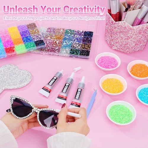 Atifober 51000 Stücke 48 Farben Strass-Set mit Werkzeugen, 3mm funkelnde Strasssteine für Bastelarbeiten, flache Rückseite Kristallharz-Gelee-Strasssteine mit 3x B7000 Kleber für Buch Kleidung Schuhe Dekoration