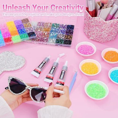 Atifober 51000 Stücke 48 Farben Strass-Set mit Werkzeugen, 3mm funkelnde Strasssteine für Bastelarbeiten, flache Rückseite Kristallharz-Gelee-Strasssteine mit 3x B7000 Kleber für Buch Kleidung Schuhe Dekoration