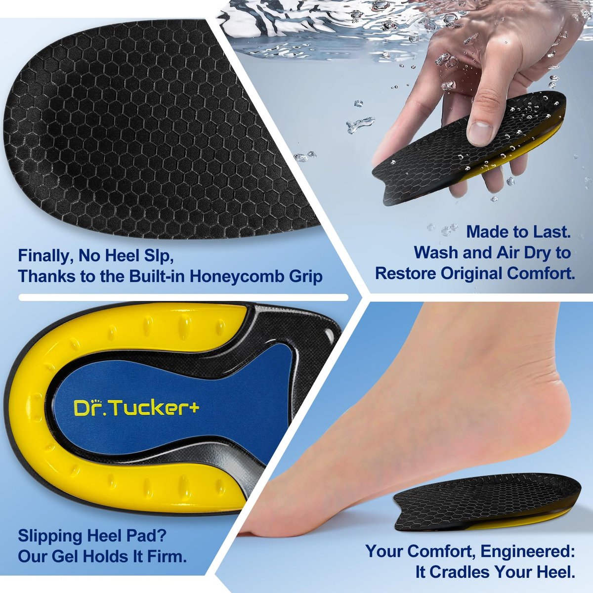 Dr.Tucker+ Fersenpolster für Schuhe – Gel-Fersenkissen zur Stoßdämpfung, Fersenkappen zur Schmerzlinderung, Einlagen gegen Fußbeschwerden