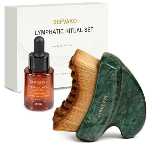 Lymphatisches Contour Face Brush Set mit Gua Sha Gesichtsöl, Doppelendige Trockenbürste + Jade Gua Sha Kante, 0,075 mm ultraweiche Borsten, Gua Sha Gesichtswerkzeuge für Lymphdrainage, Entschwellung, Konturierung, Glättung & Glow