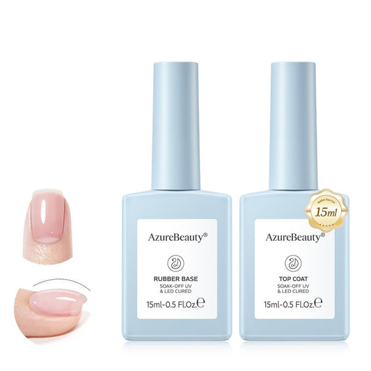 AZUREBEAUTY 15ml Rubber Base Gel Polish und No Wipe Top Coat Set – Builder Base Coat und Ultra Shine Top Coat für selbstnivellierende Nagelverstärkung, langanhaltend für dünne, schwache und brüchige Nägel