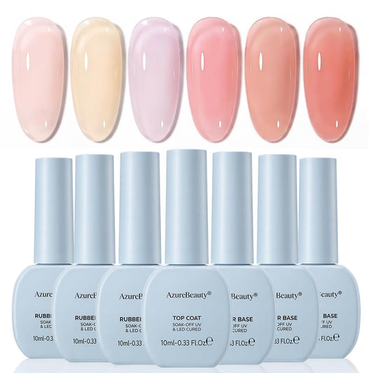 AZUREBEAUTY 10ml 6-Farben Rubber Base Gel Nagellack Set mit Top Coat, Builder Gel für dünne schwache Nägel, Sheer Nude Pink Jelly selbstnivellierender Nagelverstärker, lang anhaltend UV LED