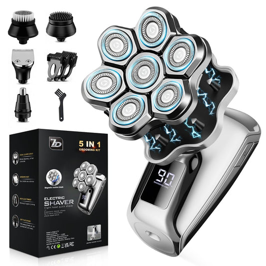 VOPH Rasierer für Glatzköpfige Männer – 7D Floating Blades Elektrorasierer mit Magnetischen Abnehmbaren Köpfen, IPX7 Wasserdichter Rotationsrasierer 5-in-1 Pflegeset Geschenk für Kahlköpfige