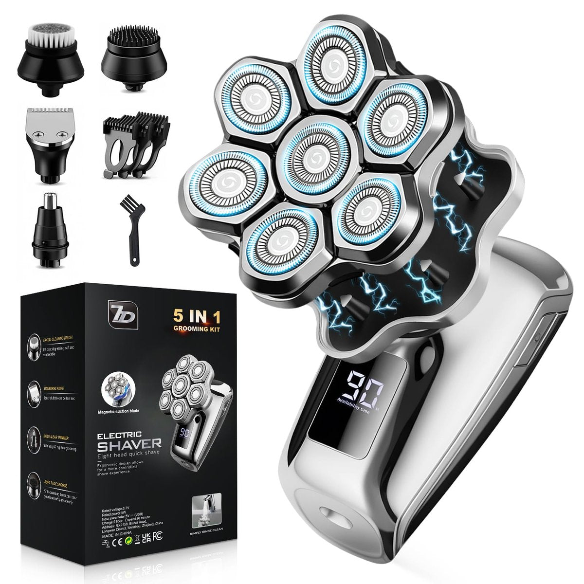 VOPH Rasierer für Glatzköpfige Männer – 7D Floating Blades Elektrorasierer mit Magnetischen Abnehmbaren Köpfen, IPX7 Wasserdichter Rotationsrasierer 5-in-1 Pflegeset Geschenk für Kahlköpfige