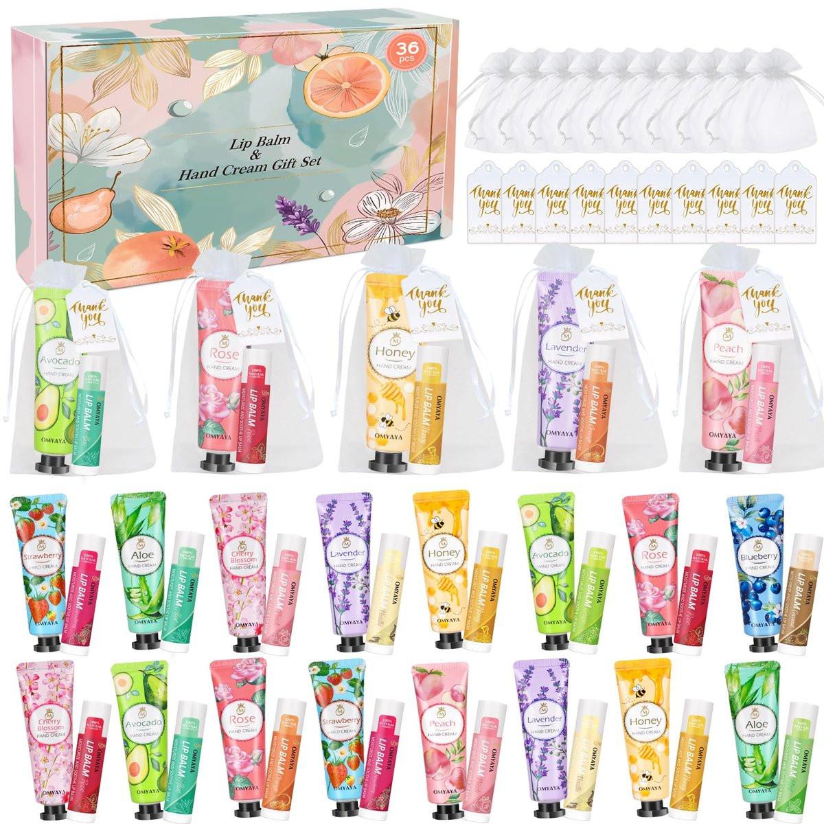 36 Sets Geschenke für Frauen im Bulk – Handcreme & Lippenbalsam im Set mit Organza-Beuteln für Brautjungfern, Babypartys, Lehrergeschenke, Muttertagsgeschenke