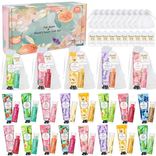 36 Sets Geschenke für Frauen im Bulk – Handcreme & Lippenbalsam im Set mit Organza-Beuteln für Brautjungfern, Babypartys, Lehrergeschenke, Muttertagsgeschenke