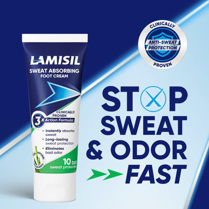 Lamisil Schweißabsorbierende Fußcreme – Fußgeruch Eliminator, absorbiert Schweiß sofort, langanhaltender Schutz, natürliche Inhaltsstoffe, 81 g