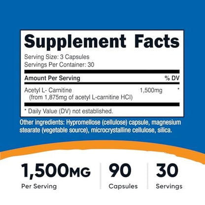 Nutricost Acetyl-L-Carnitin (ALCAR) 1.500 mg pro Portion, 90 Kapseln – Vegan, GMO-frei, Glutenfrei