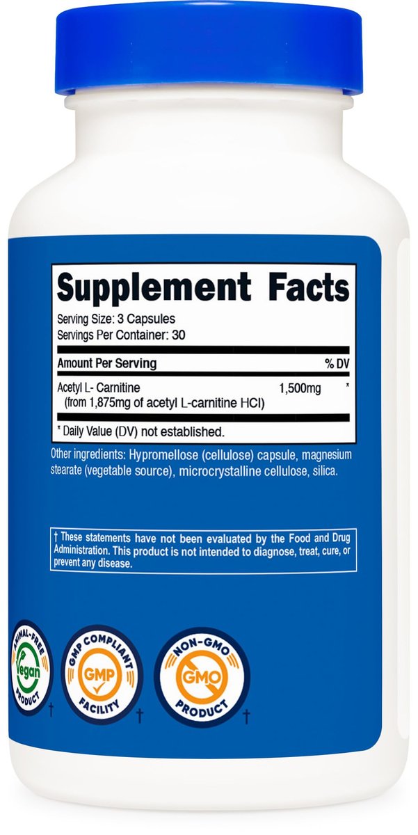 Nutricost Acetyl-L-Carnitin (ALCAR) 1.500 mg pro Portion, 90 Kapseln – Vegan, GMO-frei, Glutenfrei