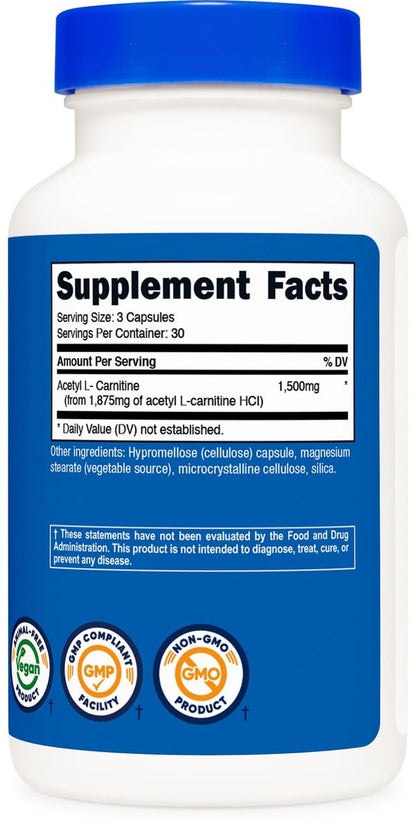 Nutricost Acetyl-L-Carnitin (ALCAR) 1.500 mg pro Portion, 90 Kapseln – Vegan, GMO-frei, Glutenfrei