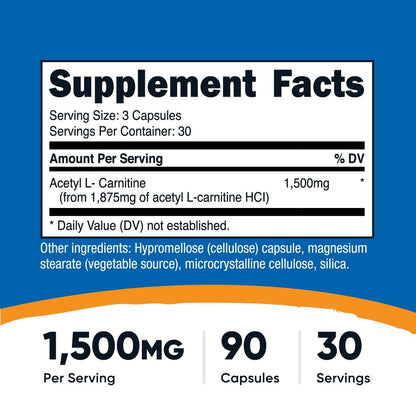 Nutricost Acetyl-L-Carnitin (ALCAR) 1.500 mg pro Portion, 90 Kapseln – Vegan, GMO-frei, Glutenfrei