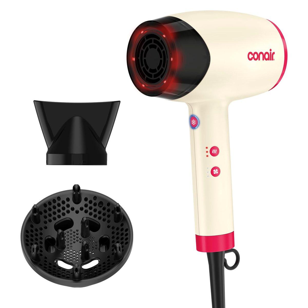 Infiniti PRO CONAIR LED Infrarot-Haartrockner mit Dual-Ionen-Keramik-Technologie, Anti-Frizz Ionen-Fön, 3 Heiz- und 3 Geschwindigkeitsstufen, professioneller Diffusor, Weiß