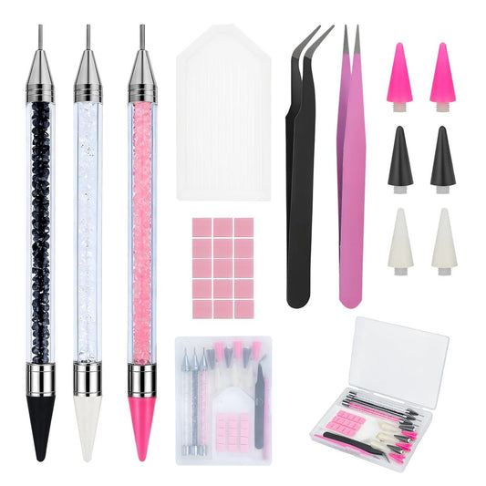 14-teiliges Strass-Set für Nagelkunst, Diamantmalerei und Verzierung – 3 Doppelendstifte mit Wachs- und Metallspitzen, 6 austauschbare Köpfe, inklusive 2 Pinzetten, Ton, Tablett und Aufbewahrungsbox