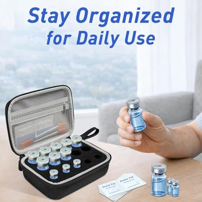3/5/10 ml Peptid Aufbewahrungsetui – 15 Fächer Peptid Organizer mit Mesh-Tasche, passend für 3 ml, 5 ml und 10 ml Fläschchen, Peptid Aufbewahrungsbox für den Kühlschrank (nur Tasche)