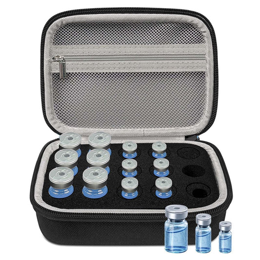 3/5/10 ml Peptid Aufbewahrungsetui – 15 Fächer Peptid Organizer mit Mesh-Tasche, passend für 3 ml, 5 ml und 10 ml Fläschchen, Peptid Aufbewahrungsbox für den Kühlschrank (nur Tasche)