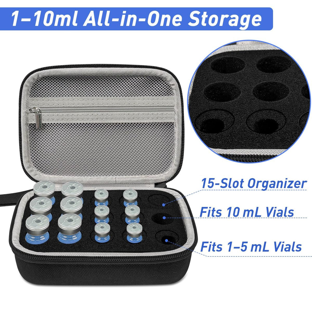 3/5/10 ml Peptid Aufbewahrungsetui – 15 Fächer Peptid Organizer mit Mesh-Tasche, passend für 3 ml, 5 ml und 10 ml Fläschchen, Peptid Aufbewahrungsbox für den Kühlschrank (nur Tasche)