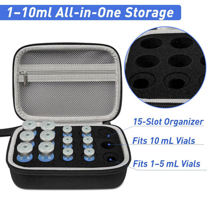 3/5/10 ml Peptid Aufbewahrungsetui – 15 Fächer Peptid Organizer mit Mesh-Tasche, passend für 3 ml, 5 ml und 10 ml Fläschchen, Peptid Aufbewahrungsbox für den Kühlschrank (nur Tasche)