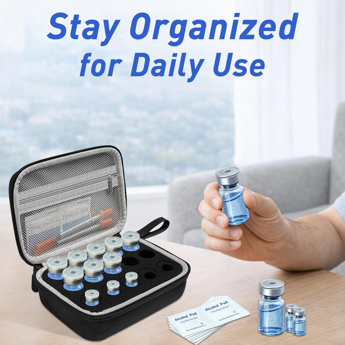 3/5/10 ml Peptid Aufbewahrungsetui – 15 Fächer Peptid Organizer mit Mesh-Tasche, passend für 3 ml, 5 ml und 10 ml Fläschchen, Peptid Aufbewahrungsbox für den Kühlschrank (nur Tasche)