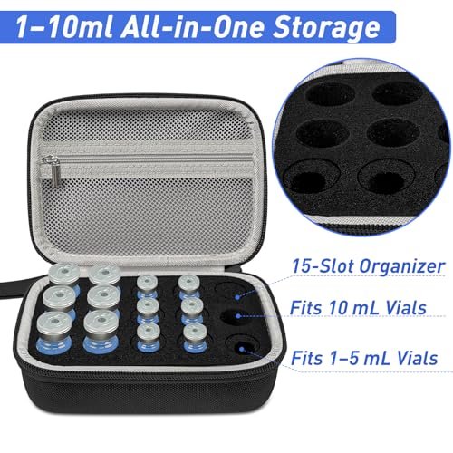 3/5/10 ml Peptid Aufbewahrungsetui – 15 Fächer Peptid Organizer mit Mesh-Tasche, passend für 3 ml, 5 ml und 10 ml Fläschchen, Peptid Aufbewahrungsbox für den Kühlschrank (nur Tasche)