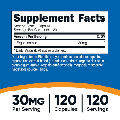 Nutricost L-Ergothionein Kapseln 30mg – 120 Kapseln, 120 Portionen – Pilz-Aminosäure, Vegan, GVO-frei, Glutenfrei