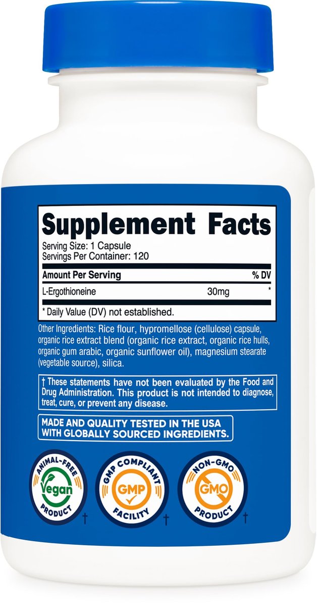 Nutricost L-Ergothionein Kapseln 30mg – 120 Kapseln, 120 Portionen – Pilz-Aminosäure, Vegan, GVO-frei, Glutenfrei