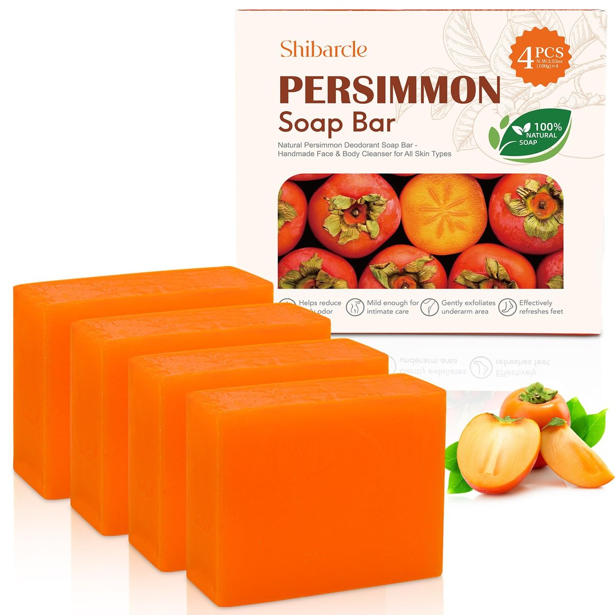 Persimmon Seife 4er-Pack – Körpergeruch Kontrolle mit natürlicher Deodorant-Seife gegen Altersgeruch, Schweißfüße & Intimbereich – für alle Hauttypen