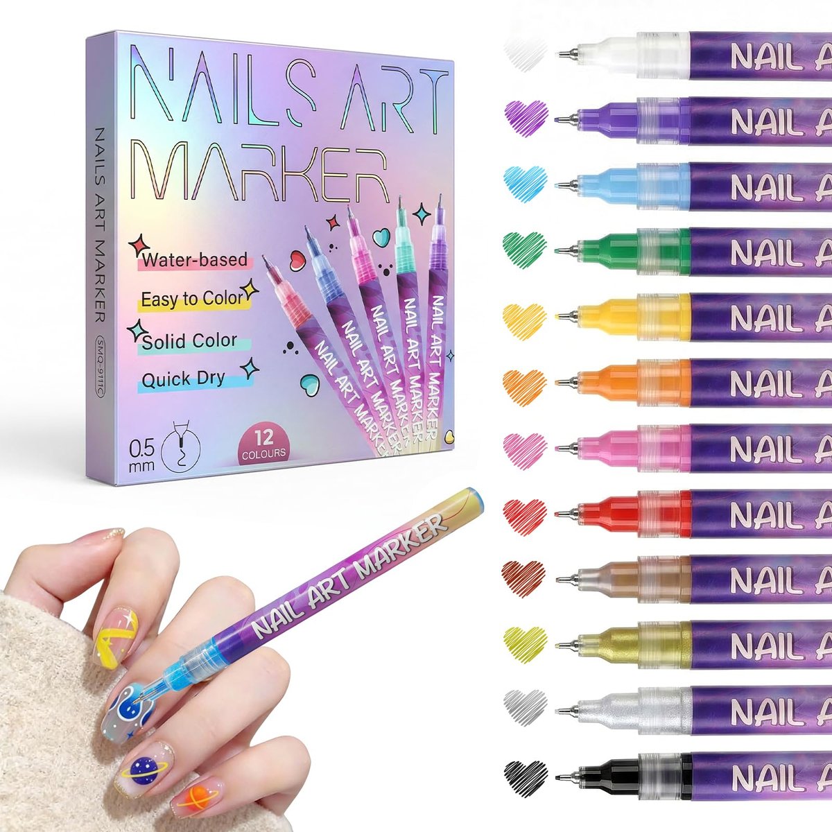 SKUPHI 12 Farben Nagelkunststifte, 0,5 mm Nagellackstifte Set zum Zeichnen, Malen, Punktieren und Liner, wasserfest, schnell trocknend für DIY Nageldesign Maniküre-Werkzeuge