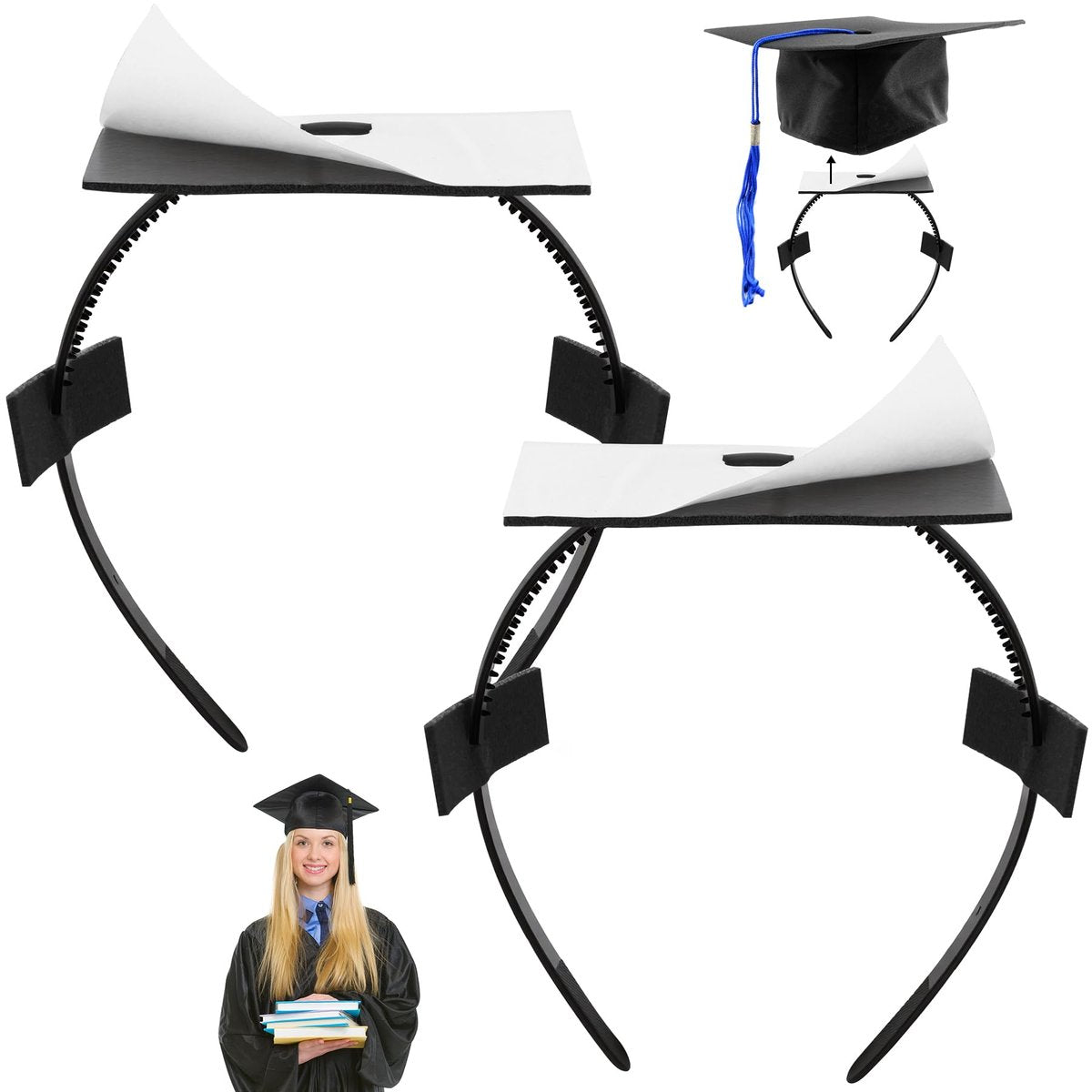 YFJOLEN 2er-Pack Abschlusskappe Haarband, Grad Cap Stirnband-Einsatz für perfekte Abschlussmütze, Geschenk für Absolventen, Zubehör Schwarz