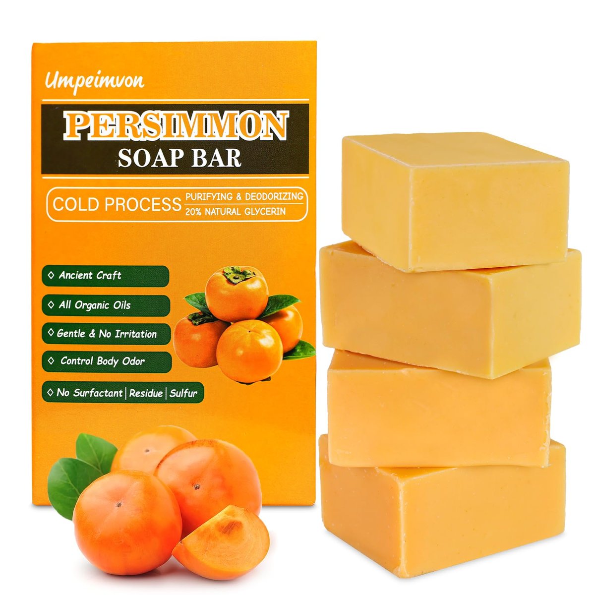 Umpeimvon 4er-Pack Persimmon Seife gegen Körpergeruch – natürliche Deodorant-Seife für Altersgeruch, handgemacht, für empfindliche Haut, kalt verarbeitet, duftfrei