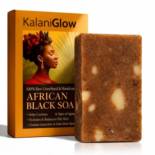 Kalani Glow African Black Soap – Rohseife aus Afrika, Feuchtigkeitsspender für trockene Haut, für einen ebenmäßigeren Hautton, Gesichts- und Körperreinigung, 100 g
