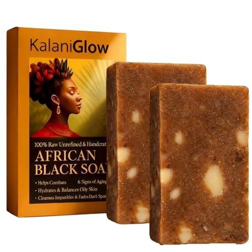 Kalani Glow African Black Seife – Roh afrikanische schwarze Seife Bar, Marokkanische schwarze Seife, spendet Feuchtigkeit für trockene Haut, für alle Hauttypen, unterstützt einen ebenmäßigeren Hautton, für Gesicht & Körper (2 Stück)