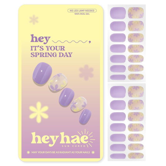 Heyhae Semi Cured Gel Nail Strips | Keine LED-Lampe nötig | Lila, floral | Einfach aufkleben & entfernen, Salonqualität | 28 Streifen, 2 Vorbereitungspads, Nagelfeile & Holzstäbchen – Hey, It's Your Spring Day