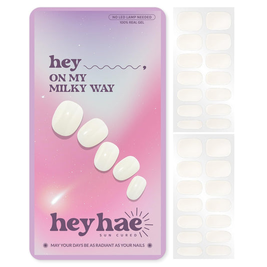 Heyhae Semi Cured Gel Nagelstreifen | Keine LED Lampe nötig | Weiß, Jelly | Einfach aufzutragen & zu entfernen, Salonqualität | Inklusive 28 Streifen, 2 Vorbereitungspads, Nagelfeile & Holzstab - Hey, On My Milky Way