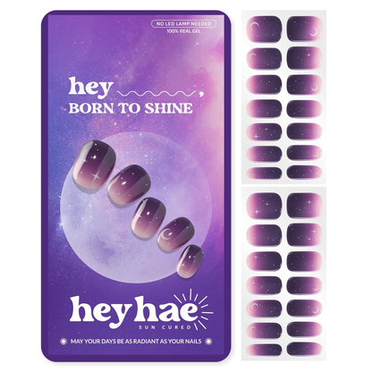 Heyhae Semi Cured Gel Nail Strips – Keine LED-Lampe nötig, Lila Ombre, 28 Streifen inkl. Vorbereitungspads, Feile & Holzstab – „Hey, Born to Shine“