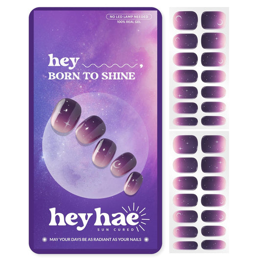 Heyhae Semi Cured Gel Nail Strips – Keine LED-Lampe nötig, Lila Ombre, 28 Streifen inkl. Vorbereitungspads, Feile & Holzstab – „Hey, Born to Shine“